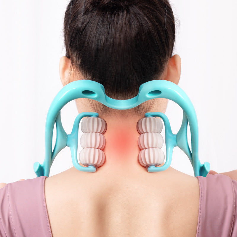 Masajeador de cuello manual de seis ruedas con rodillos de masaje para aliviar el dolor.