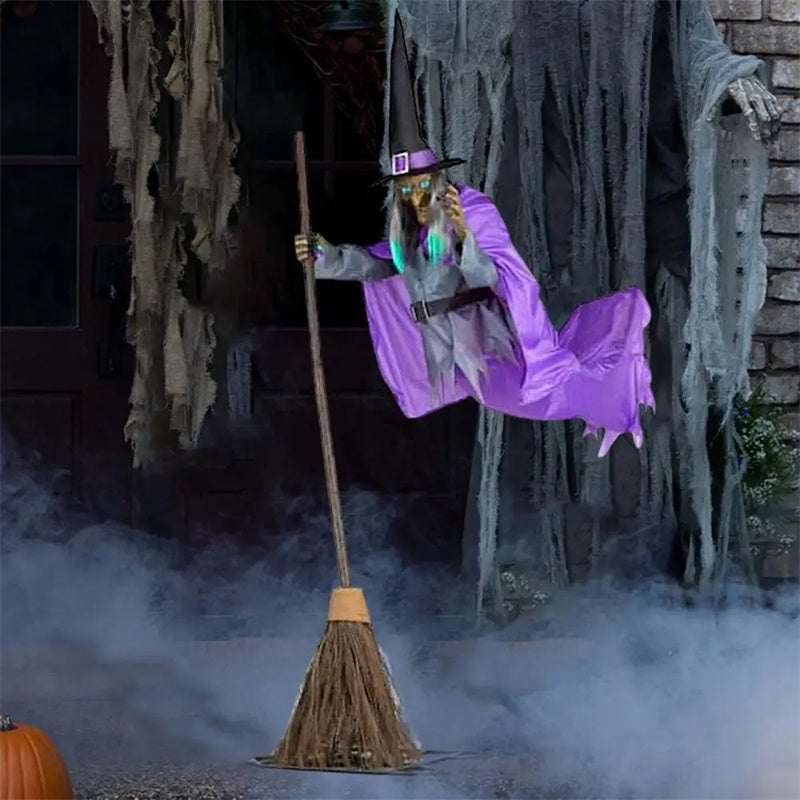 Decoración de bruja voladora de Halloween, fantasma de Halloween, animatrónicos aterradores para exteriores, accesorios de Halloween con sonido aterrador