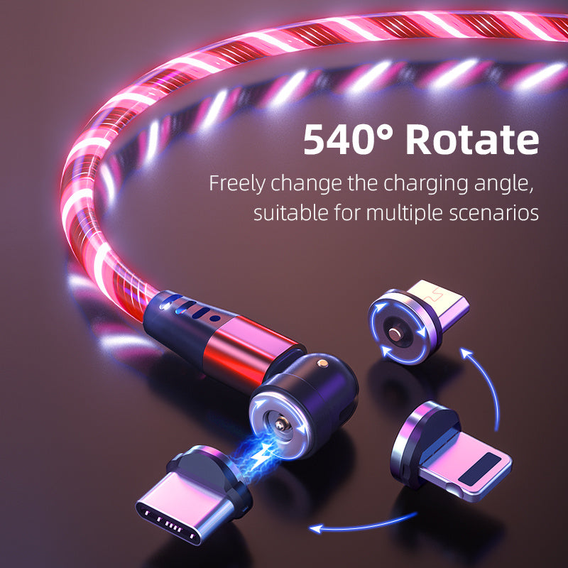 Cable magnético luminoso giratorio 540, carga rápida de 3 A, para teléfono móvil, cable micro USB tipo C para iPhone.