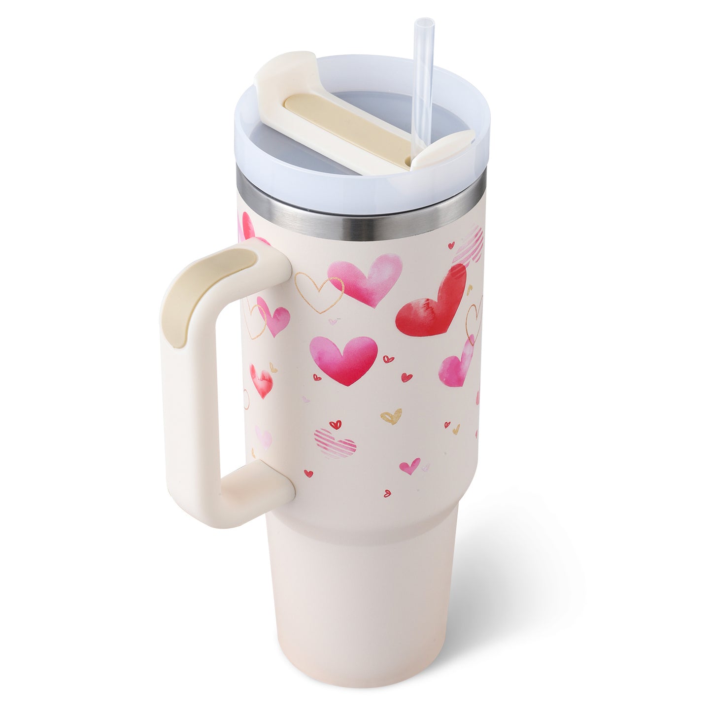 Vaso de 40 oz con asa, pajita aislante, de acero inoxidable, a prueba de derrames, taza de café al vacío con tapa, taza cónica.