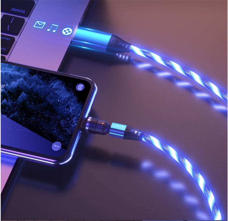 Cable magnético luminoso giratorio 540, carga rápida de 3 A, para teléfono móvil, cable micro USB tipo C para iPhone.