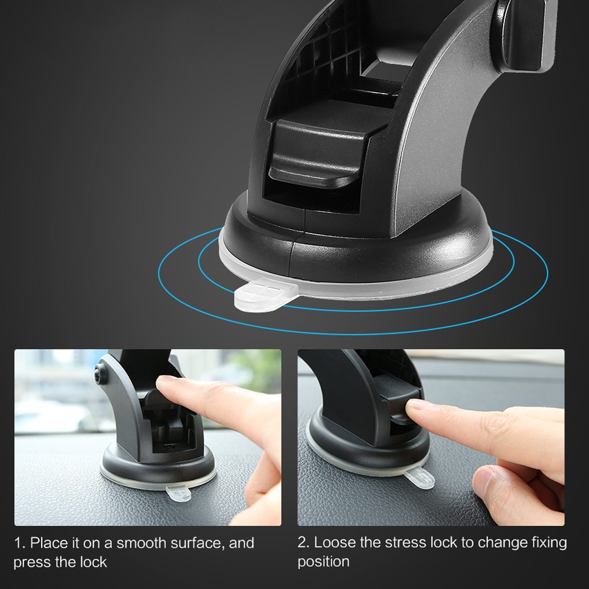 Soporte para teléfono de coche con varilla larga telescópica y ventosa para salpicadero de coche.