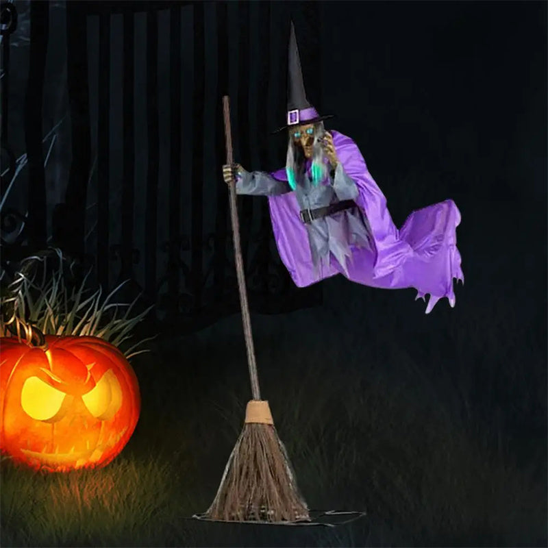 Decoración de bruja voladora de Halloween, fantasma de Halloween, animatrónicos aterradores para exteriores, accesorios de Halloween con sonido aterrador