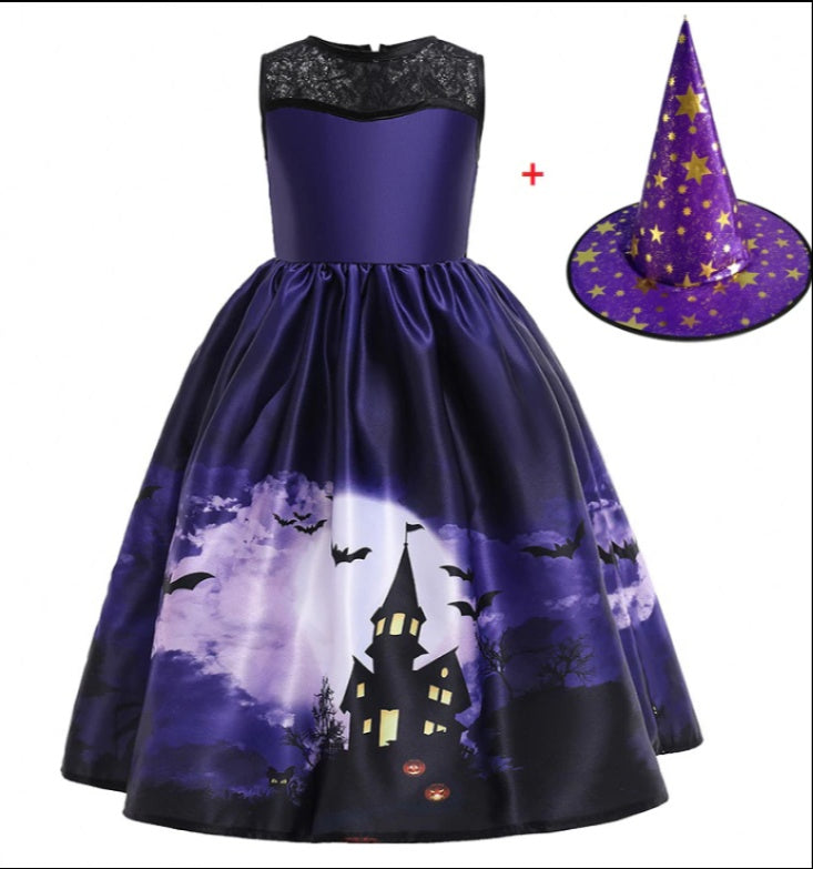 Vestido de princesa de Halloween con malla estampada de Halloween