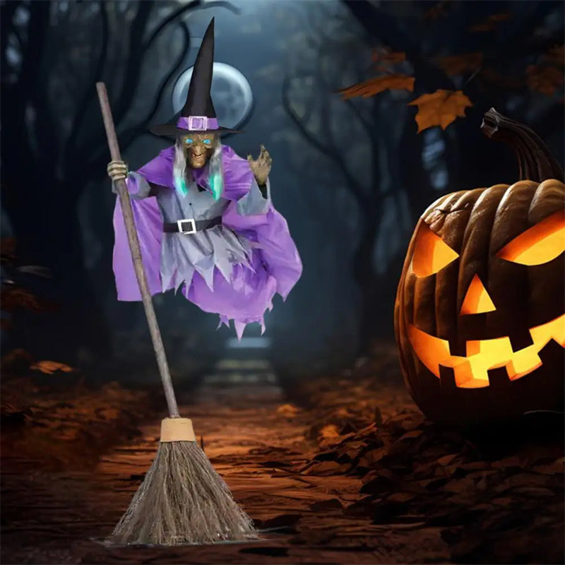 Decoración de bruja voladora de Halloween, fantasma de Halloween, animatrónicos aterradores para exteriores, accesorios de Halloween con sonido aterrador