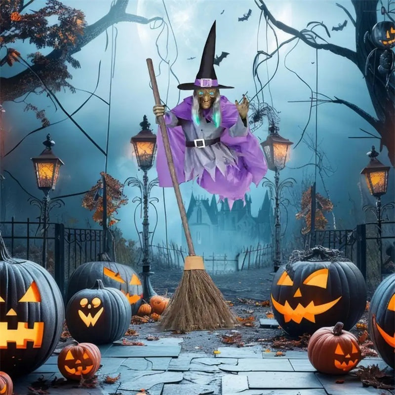 Decoración de bruja voladora de Halloween, fantasma de Halloween, animatrónicos aterradores para exteriores, accesorios de Halloween con sonido aterrador