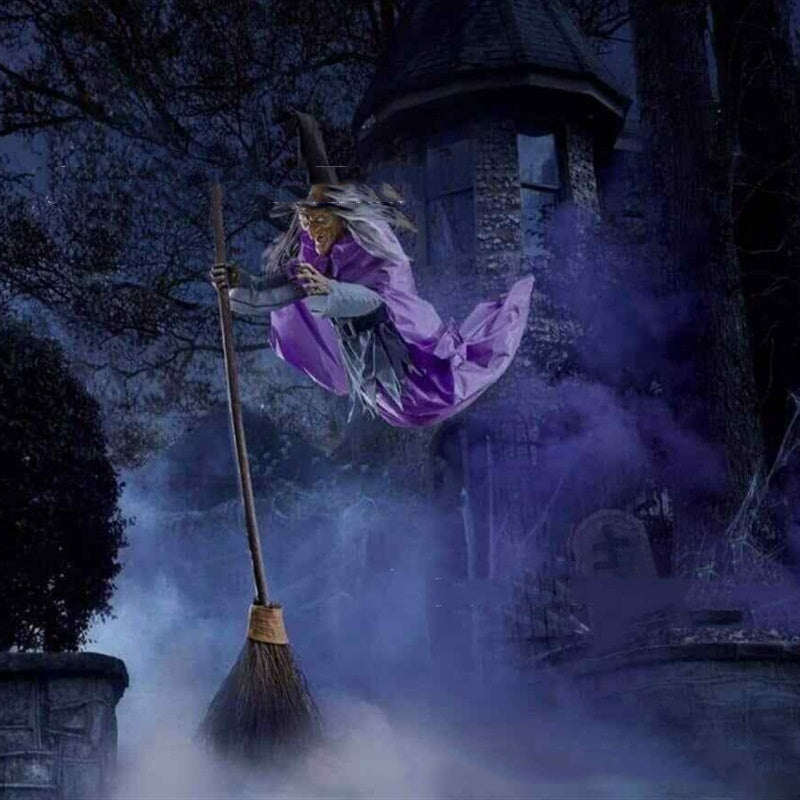 Decoración de bruja voladora de Halloween, fantasma de Halloween, animatrónicos aterradores para exteriores, accesorios de Halloween con sonido aterrador