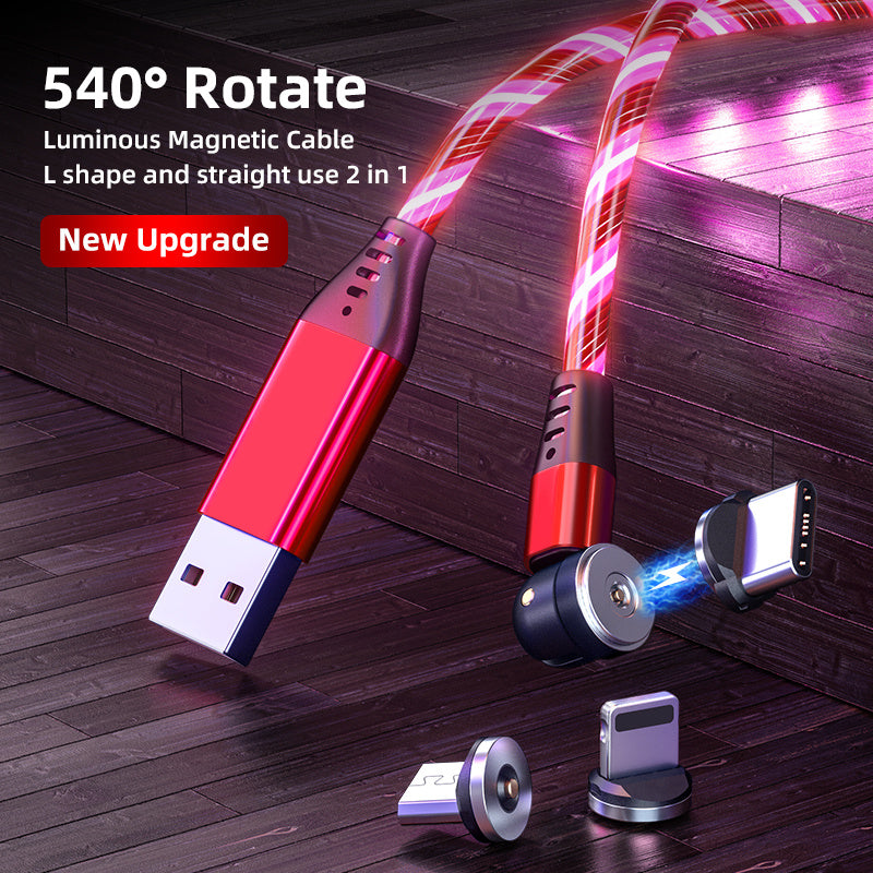 Cable magnético luminoso giratorio 540, carga rápida de 3 A, para teléfono móvil, cable micro USB tipo C para iPhone.