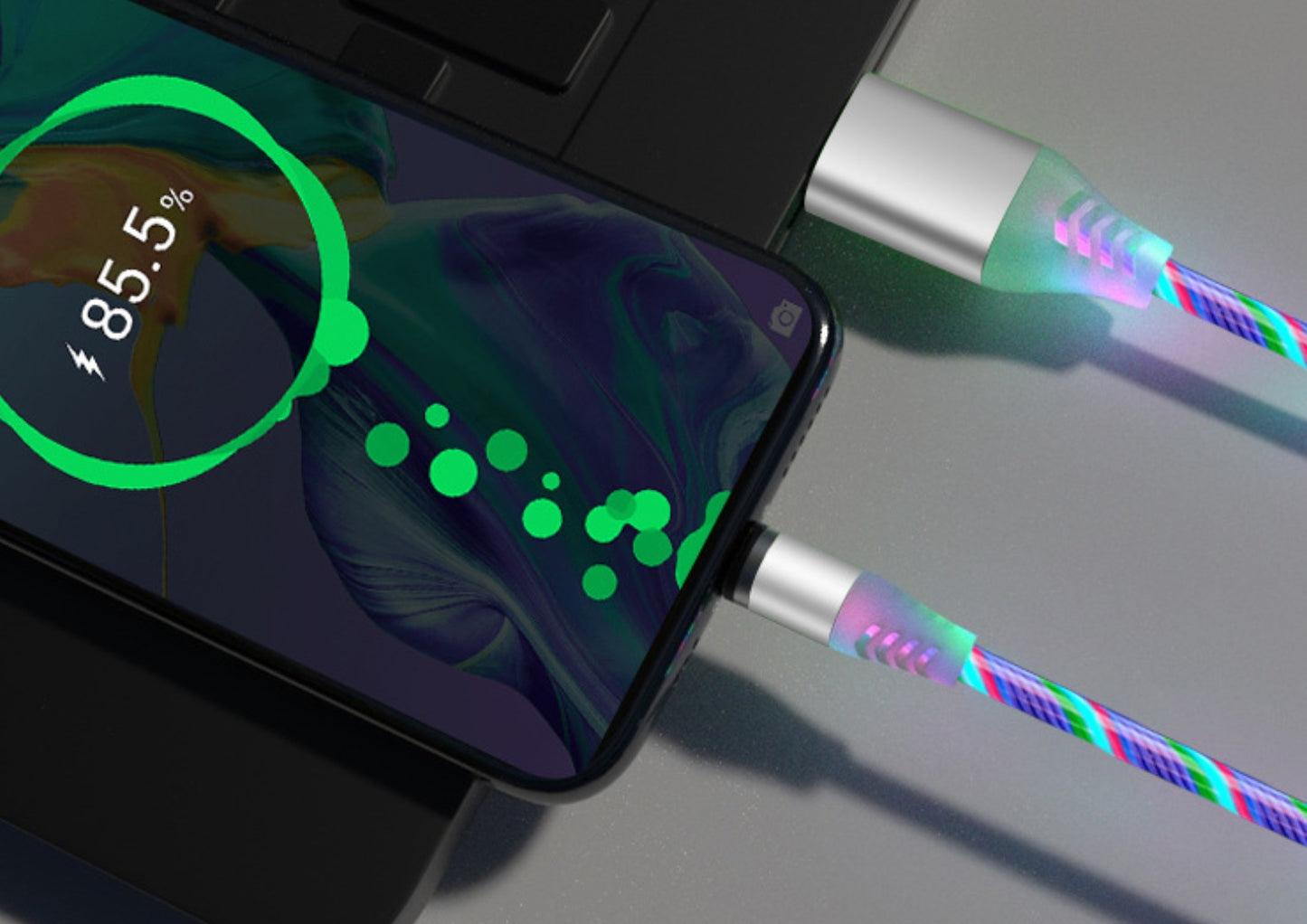 Compatible con Apple, cable de datos de transmisión magnética con luz fluida para iPhone y Android Tipo C