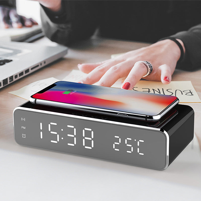 Reloj despertador eléctrico LED con cargador inalámbrico, reloj despertador digital, termómetro, reloj de espejo HD