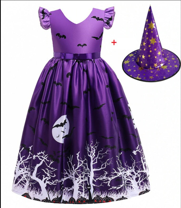 Vestido de princesa de Halloween con malla estampada de Halloween