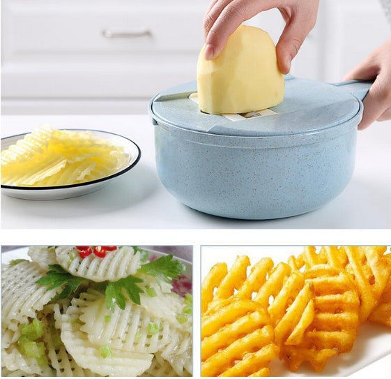 Mandolina 8 en 1, cortador de verduras, pelador de patatas, rallador de zanahorias y cebollas con colador.