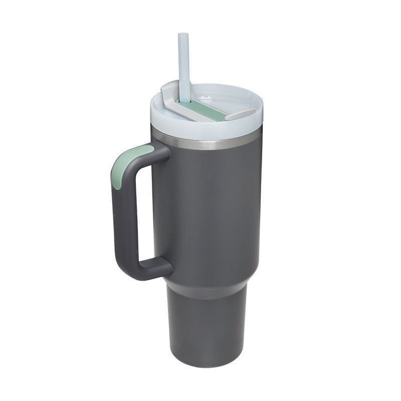 Vaso de 40 oz con asa, pajita aislante, de acero inoxidable, a prueba de derrames, taza de café al vacío con tapa, taza cónica.