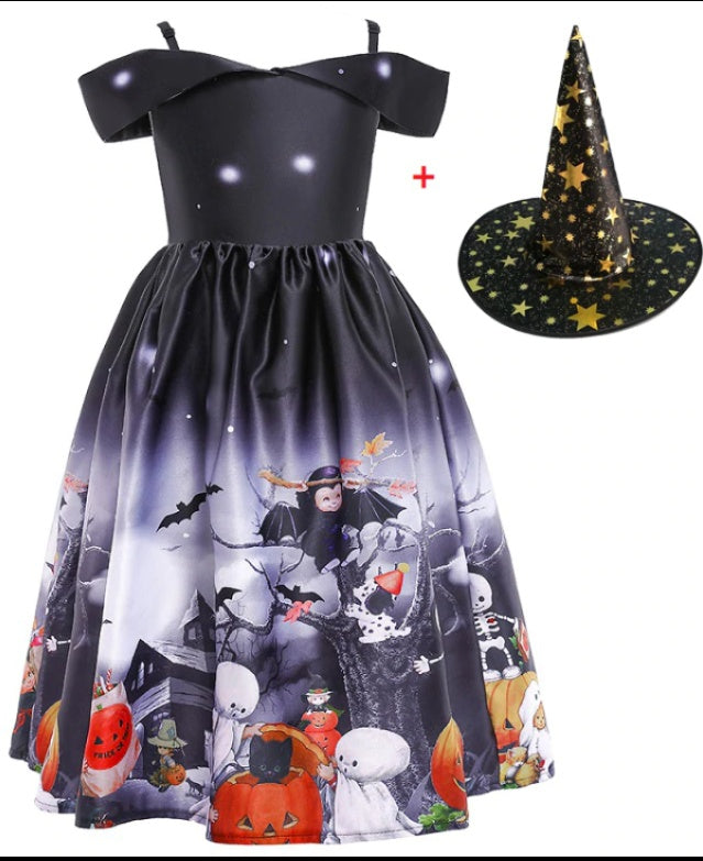 Vestido de princesa de Halloween con malla estampada de Halloween