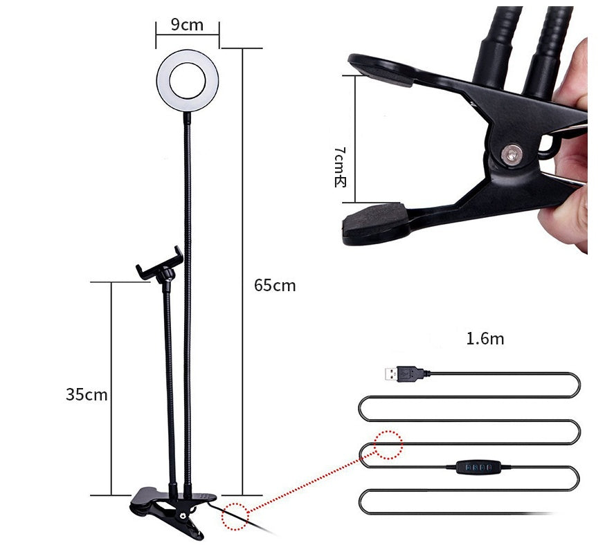 Anillo de luz LED para selfies, luz de maquillaje ajustable en vivo, soporte de 8 cm