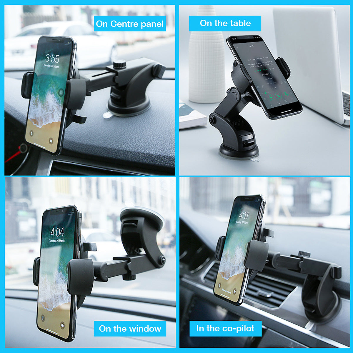 Soporte para teléfono de coche con varilla larga telescópica y ventosa para salpicadero de coche.