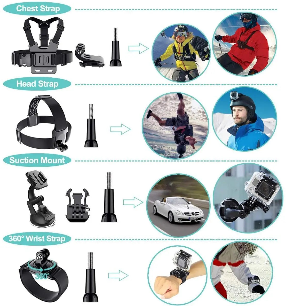 Accesorios para cámara de acción GoPro Hero 9, 8, 7, 5 y 4, mochila DJI Osmo Action, ventosa para montura de cristal, funda 4K y casco.