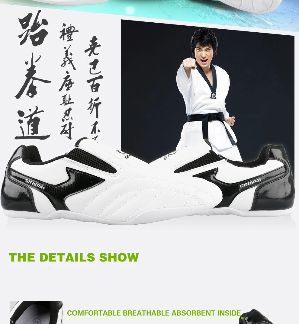 GINGPAI - Zapatos de Taekwondo transpirables con tiras blancas, zapatillas de artes marciales para niños, calzado deportivo para entrenamiento profesional y competición