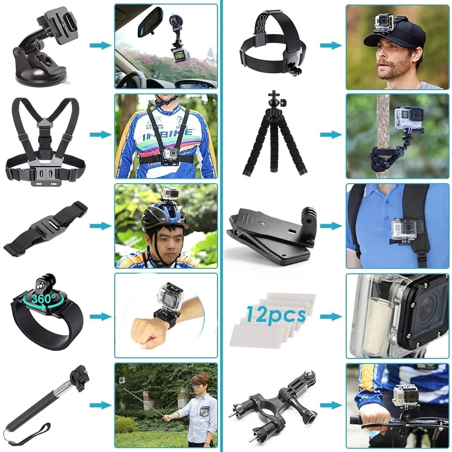 Accesorios para cámara de acción GoPro Hero 9, 8, 7, 5 y 4, mochila DJI Osmo Action, ventosa para montura de cristal, funda 4K y casco.