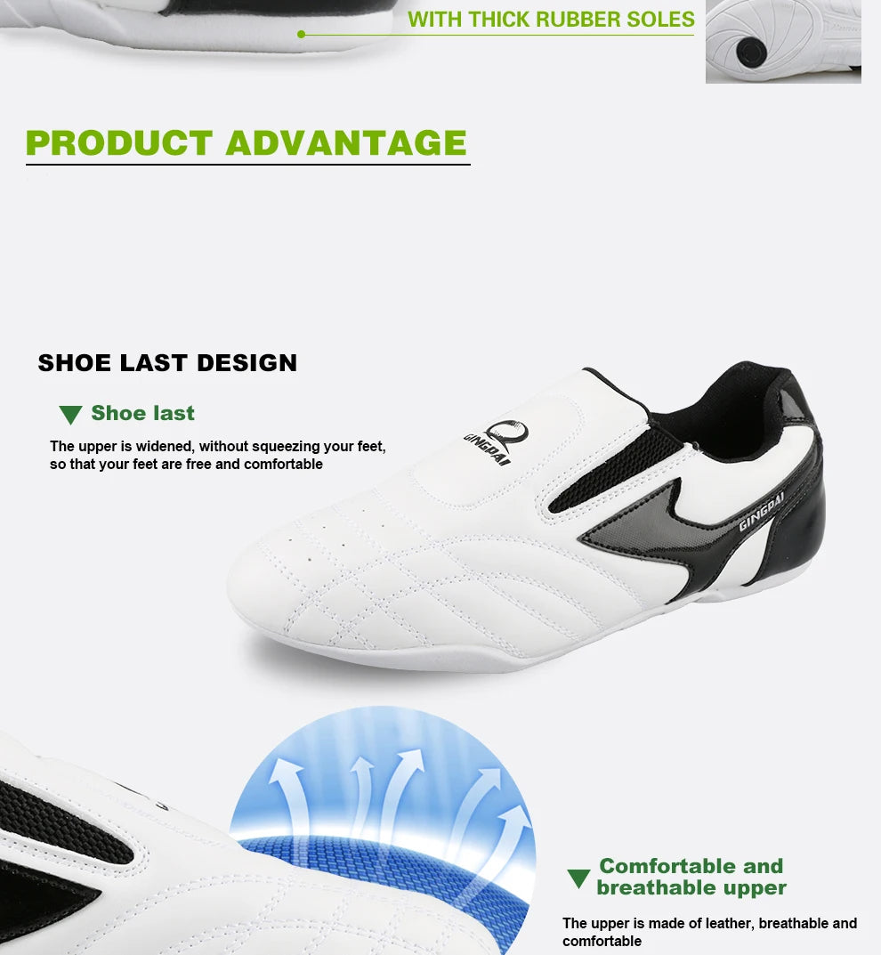 GINGPAI - Zapatos de Taekwondo transpirables con tiras blancas, zapatillas de artes marciales para niños, calzado deportivo para entrenamiento profesional y competición