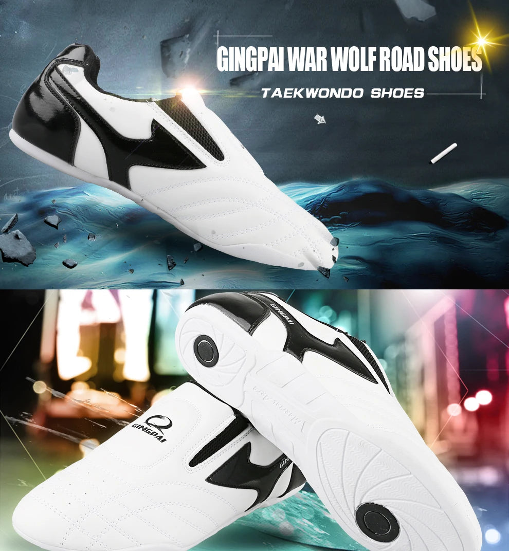 GINGPAI - Zapatos de Taekwondo transpirables con tiras blancas, zapatillas de artes marciales para niños, calzado deportivo para entrenamiento profesional y competición