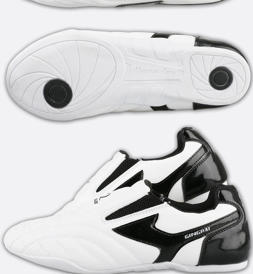 GINGPAI - Zapatos de Taekwondo transpirables con tiras blancas, zapatillas de artes marciales para niños, calzado deportivo para entrenamiento profesional y competición