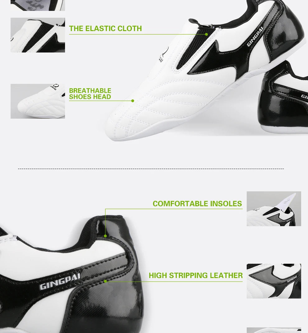 GINGPAI - Zapatos de Taekwondo transpirables con tiras blancas, zapatillas de artes marciales para niños, calzado deportivo para entrenamiento profesional y competición