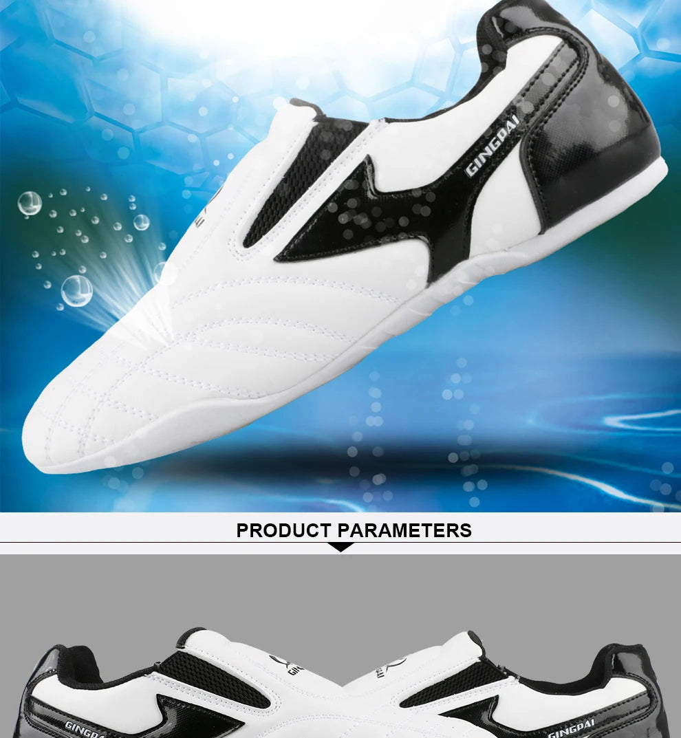 GINGPAI - Zapatos de Taekwondo transpirables con tiras blancas, zapatillas de artes marciales para niños, calzado deportivo para entrenamiento profesional y competición