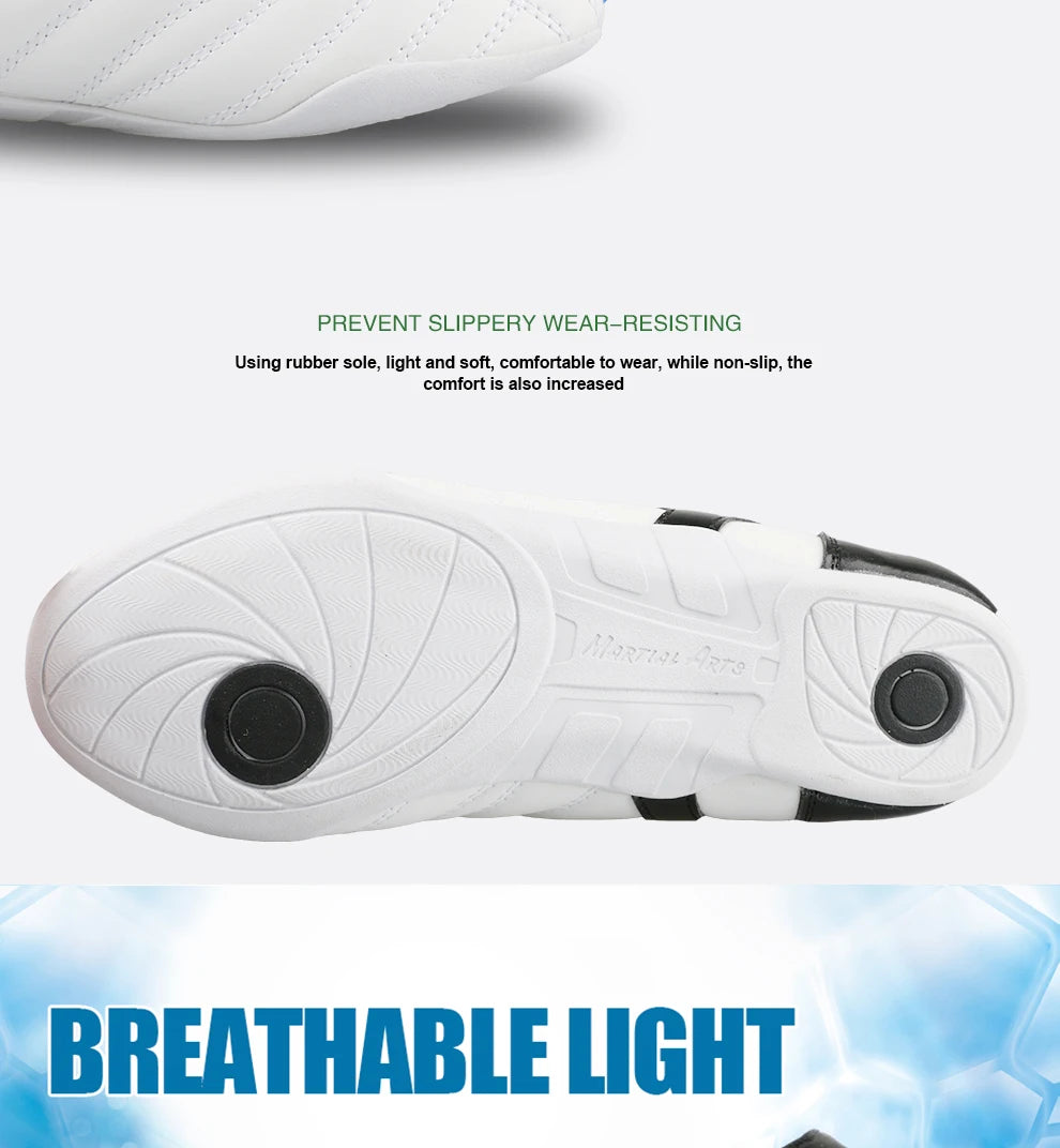 GINGPAI - Zapatos de Taekwondo transpirables con tiras blancas, zapatillas de artes marciales para niños, calzado deportivo para entrenamiento profesional y competición