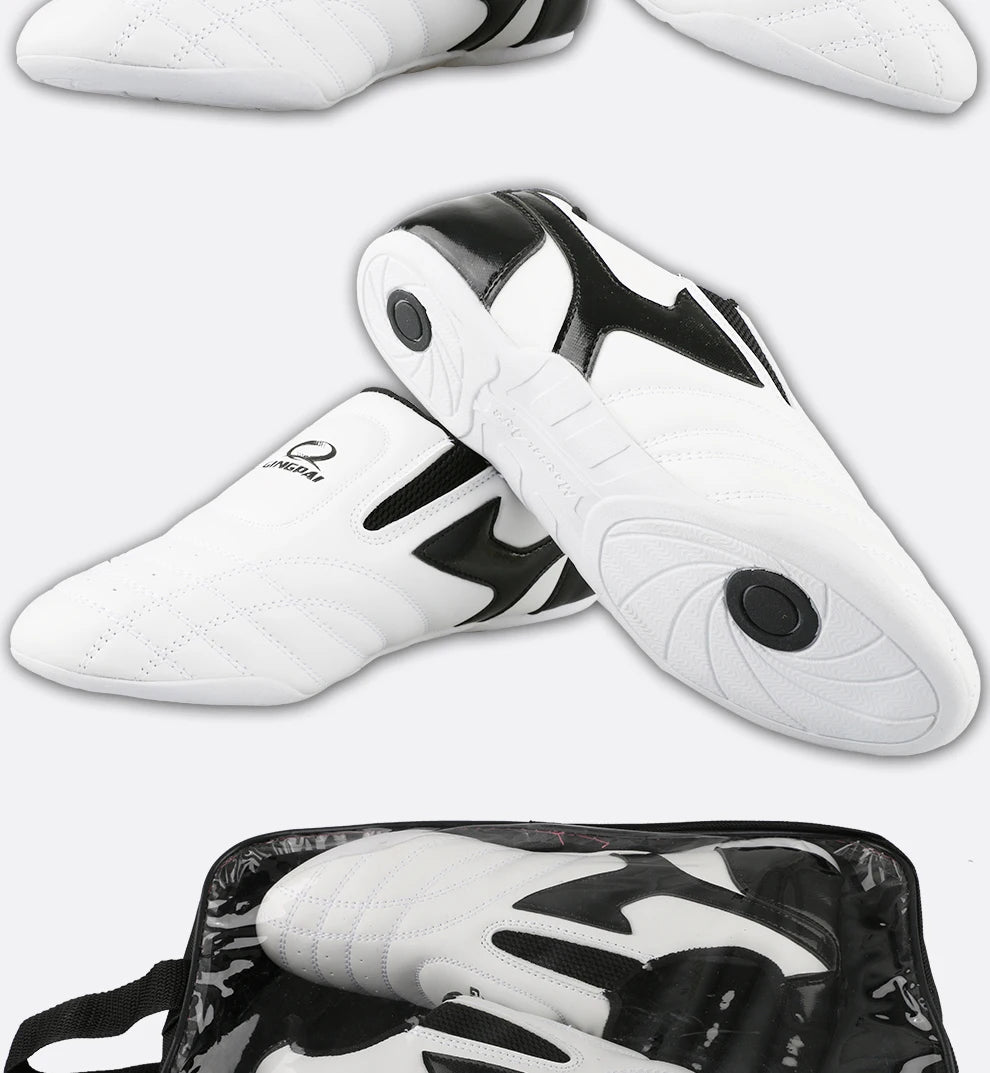 GINGPAI - Zapatos de Taekwondo transpirables con tiras blancas, zapatillas de artes marciales para niños, calzado deportivo para entrenamiento profesional y competición