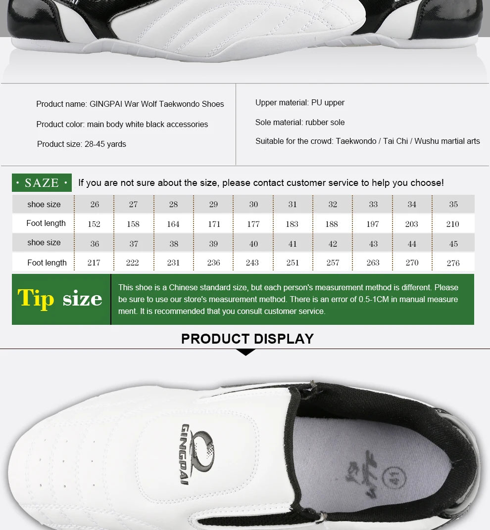GINGPAI - Zapatos de Taekwondo transpirables con tiras blancas, zapatillas de artes marciales para niños, calzado deportivo para entrenamiento profesional y competición