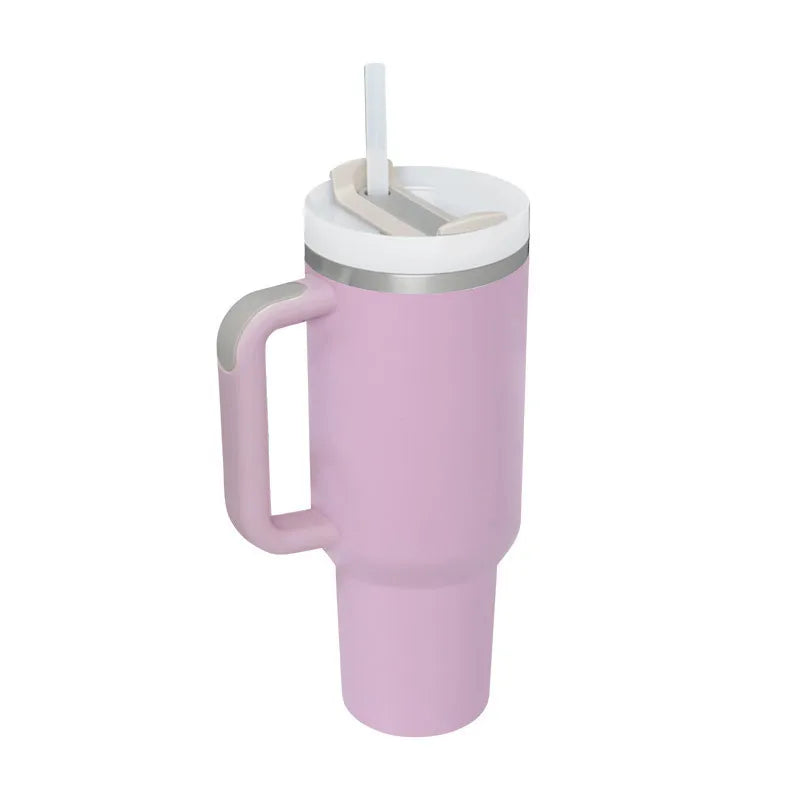 Vaso térmico de 40 oz con asa y pajita blanca - Vasos de acero inoxidable para exteriores, vaso de agua para coche, 13 opciones de color (menta, rosa, blanco y negro)