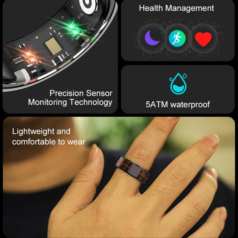 Anillo inteligente R04 2025 para hombre y mujer, con estuche de carga, monitor de salud y sueño, resistente al agua hasta 5 ATM, modo multideporte, control de cámara.