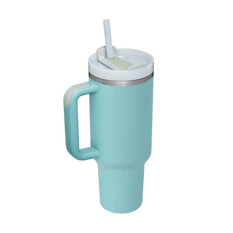 Vaso térmico de 40 oz con asa y pajita blanca - Vasos de acero inoxidable para exteriores, vaso de agua para coche, 13 opciones de color (menta, rosa, blanco y negro)