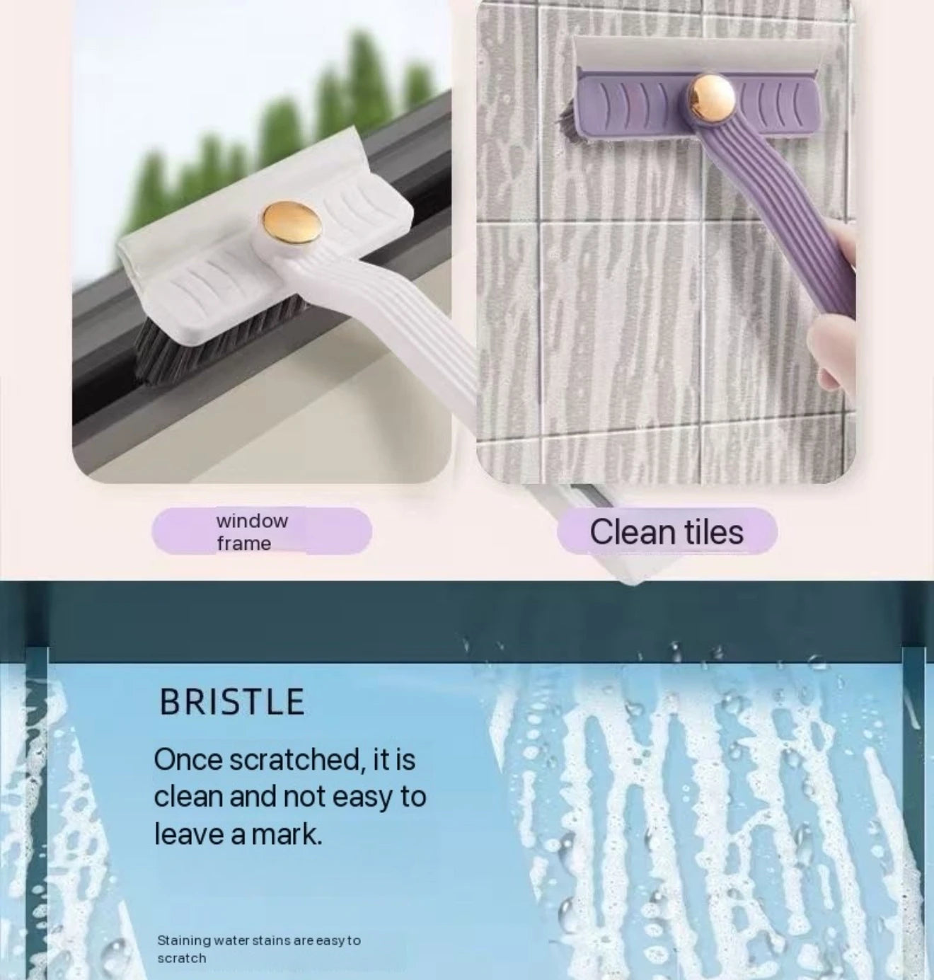 Cepillo multiusos para limpiar azulejos, con cerdas duras y rotación de 360°, ideal para suelos y paredes de baño y cocina.