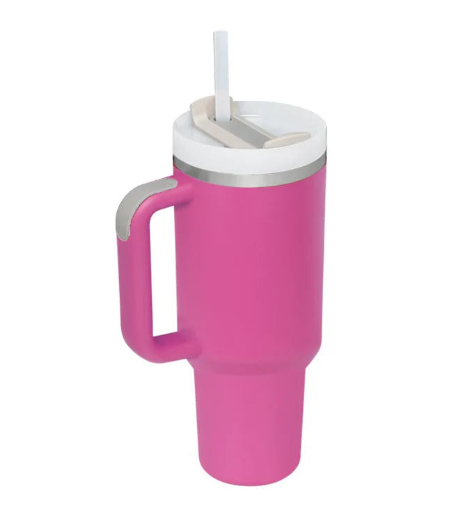 Vaso térmico de 40 oz con asa y pajita blanca - Vasos de acero inoxidable para exteriores, vaso de agua para coche, 13 opciones de color (menta, rosa, blanco y negro)