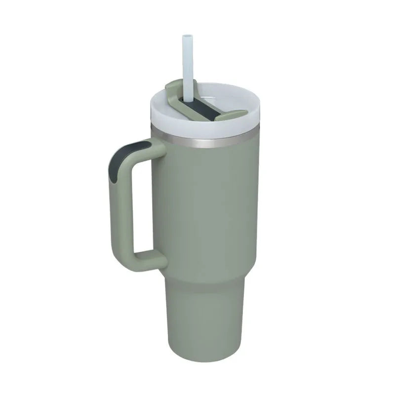 Vaso térmico de 40 oz con asa y pajita blanca - Vasos de acero inoxidable para exteriores, vaso de agua para coche, 13 opciones de color (menta, rosa, blanco y negro)