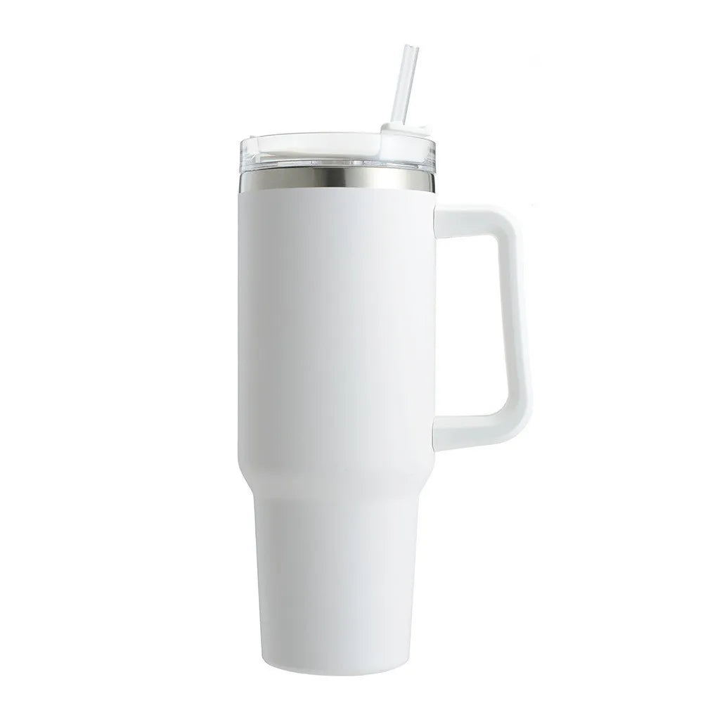 Vaso térmico de 40 oz con asa y pajita blanca - Vasos de acero inoxidable para exteriores, vaso de agua para coche, 13 opciones de color (menta, rosa, blanco y negro)