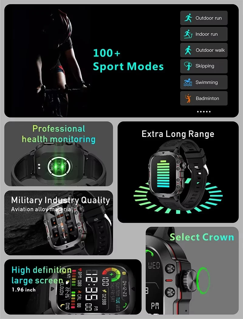 LAXASFIT 2025 - Reloj inteligente militar resistente para hombre, para exteriores, pantalla táctil HD de 2,01", llamadas de voz y Bluetooth
