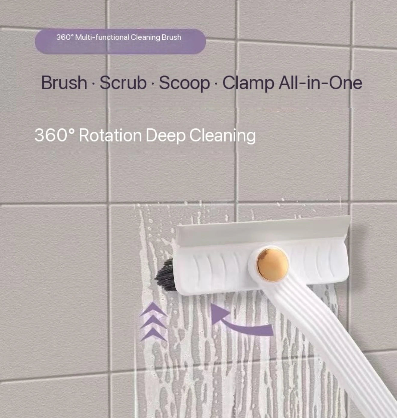 Cepillo multiusos para limpiar azulejos, con cerdas duras y rotación de 360°, ideal para suelos y paredes de baño y cocina.