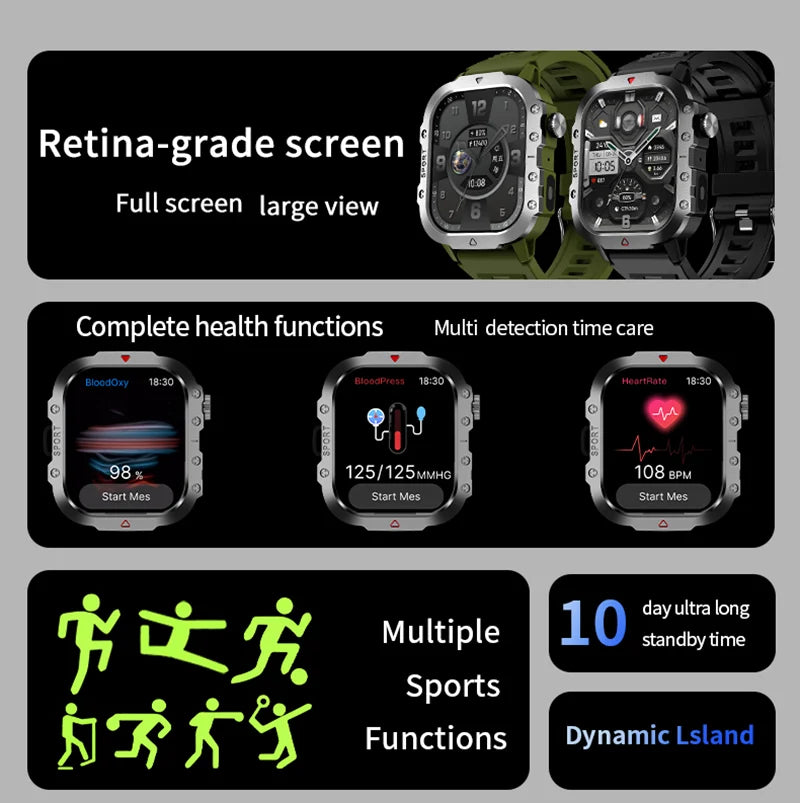 LAXASFIT 2025 - Reloj inteligente militar resistente para hombre, para exteriores, pantalla táctil HD de 2,01", llamadas de voz y Bluetooth