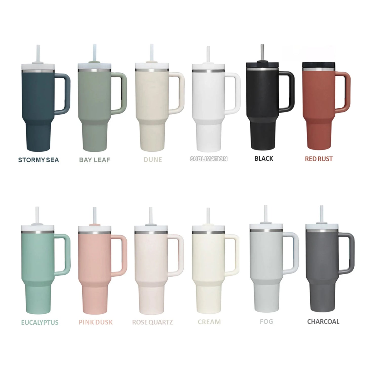 Vaso térmico de 40 oz con asa y pajita blanca - Vasos de acero inoxidable para exteriores, vaso de agua para coche, 13 opciones de color (menta, rosa, blanco y negro)