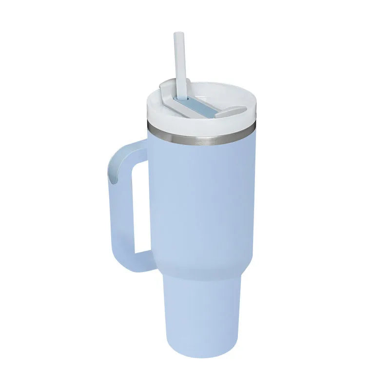 Vaso térmico de 40 oz con asa y pajita blanca - Vasos de acero inoxidable para exteriores, vaso de agua para coche, 13 opciones de color (menta, rosa, blanco y negro)