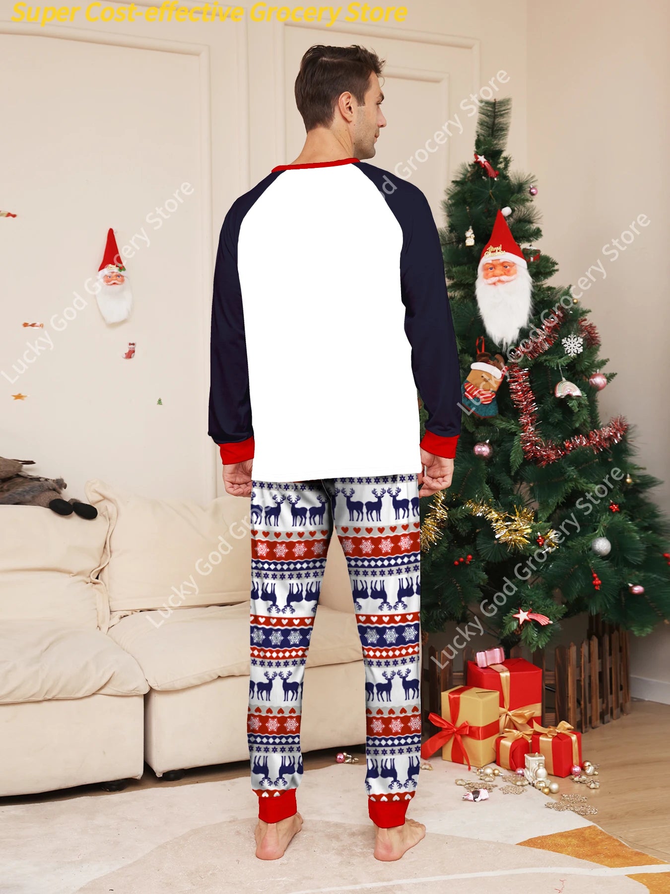 Conjunto de pijama navideño para pareja: manga raglán, estampado de renos "Ho Ho Ho" en azul marino y blanco y pantalones con estampado festivo.