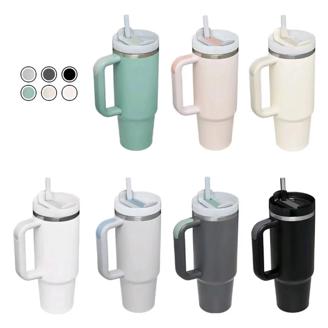 Vaso térmico de 40 oz con asa y pajita blanca - Vasos de acero inoxidable para exteriores, vaso de agua para coche, 13 opciones de color (menta, rosa, blanco y negro)