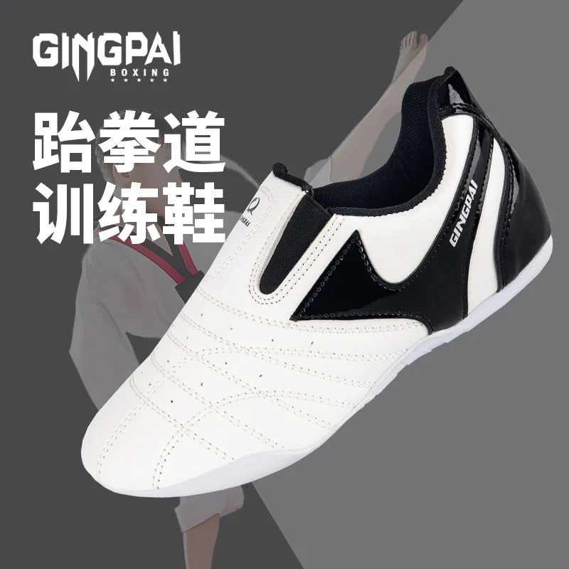 GINGPAI - Zapatos de Taekwondo transpirables con tiras blancas, zapatillas de artes marciales para niños, calzado deportivo para entrenamiento profesional y competición