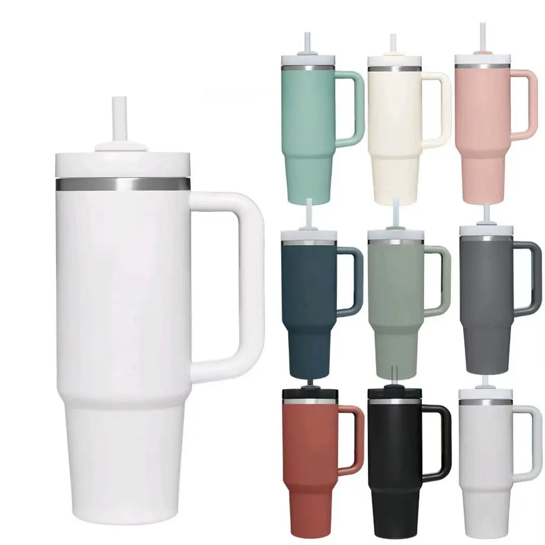 Vaso térmico de 40 oz con asa y pajita blanca - Vasos de acero inoxidable para exteriores, vaso de agua para coche, 13 opciones de color (menta, rosa, blanco y negro)