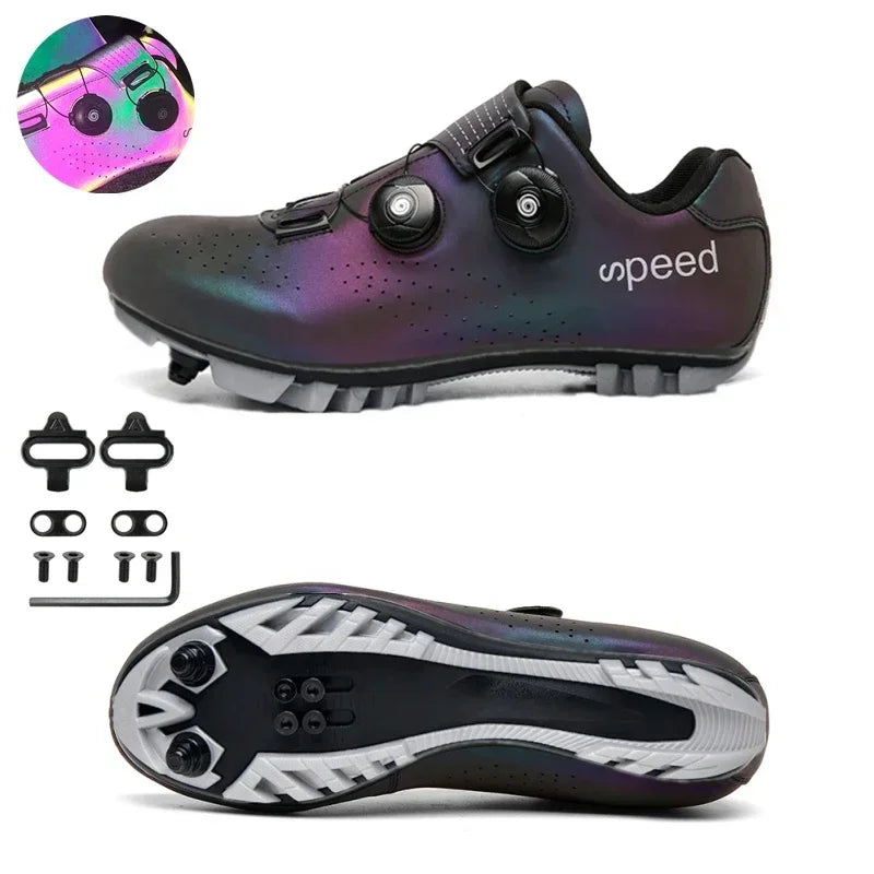 Zapatillas profesionales para hombre, ultraligeras, con doble hebilla, para ciclismo de montaña, luminosas, con calas autoblocantes