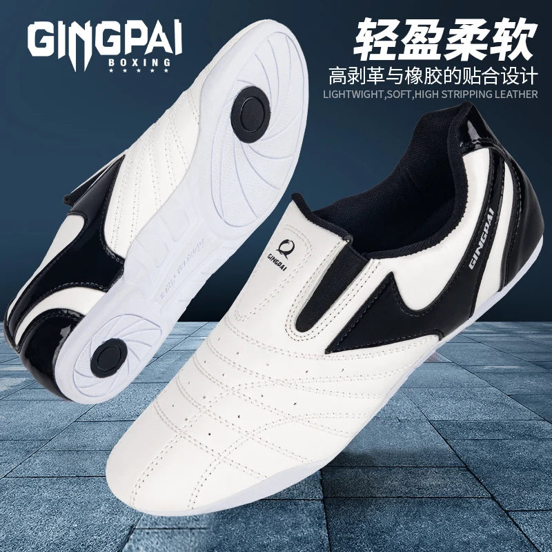 GINGPAI - Zapatos de Taekwondo transpirables con tiras blancas, zapatillas de artes marciales para niños, calzado deportivo para entrenamiento profesional y competición