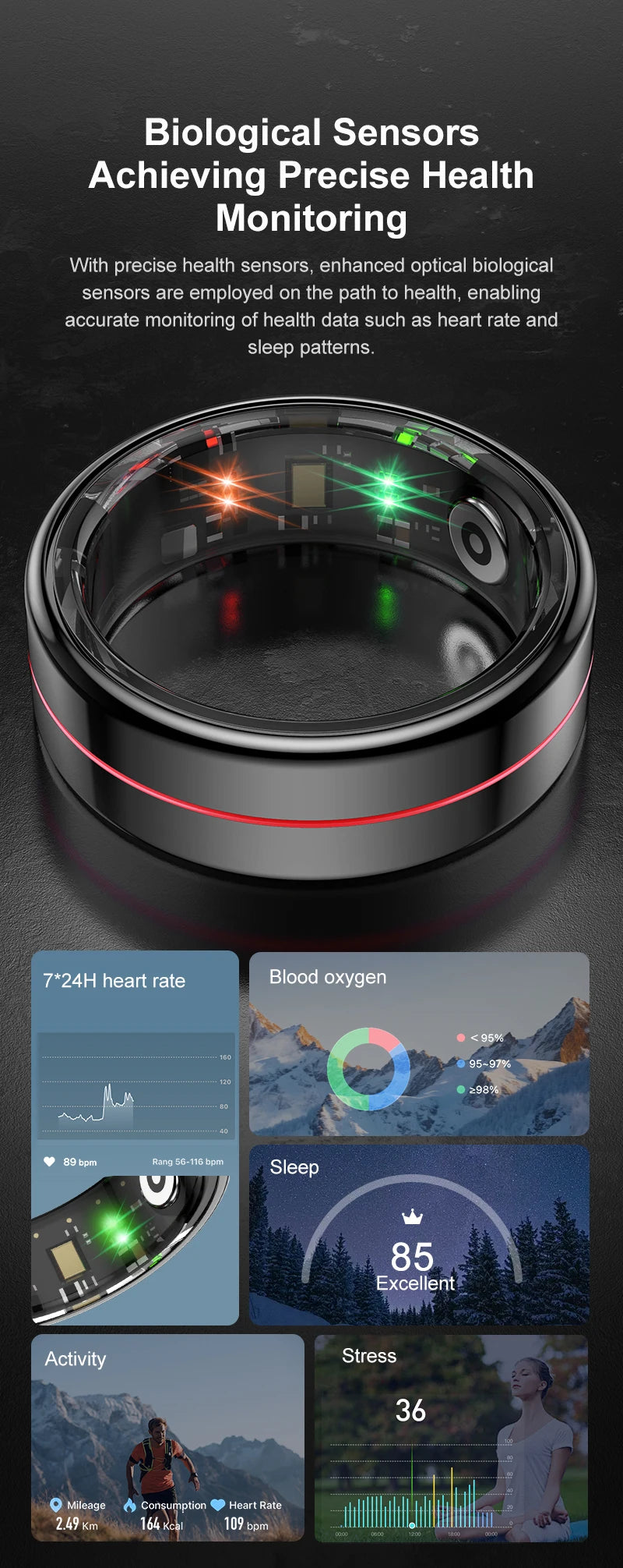 Anillo inteligente R04 2025 para hombre y mujer, con estuche de carga, monitor de salud y sueño, resistente al agua hasta 5 ATM, modo multideporte, control de cámara.